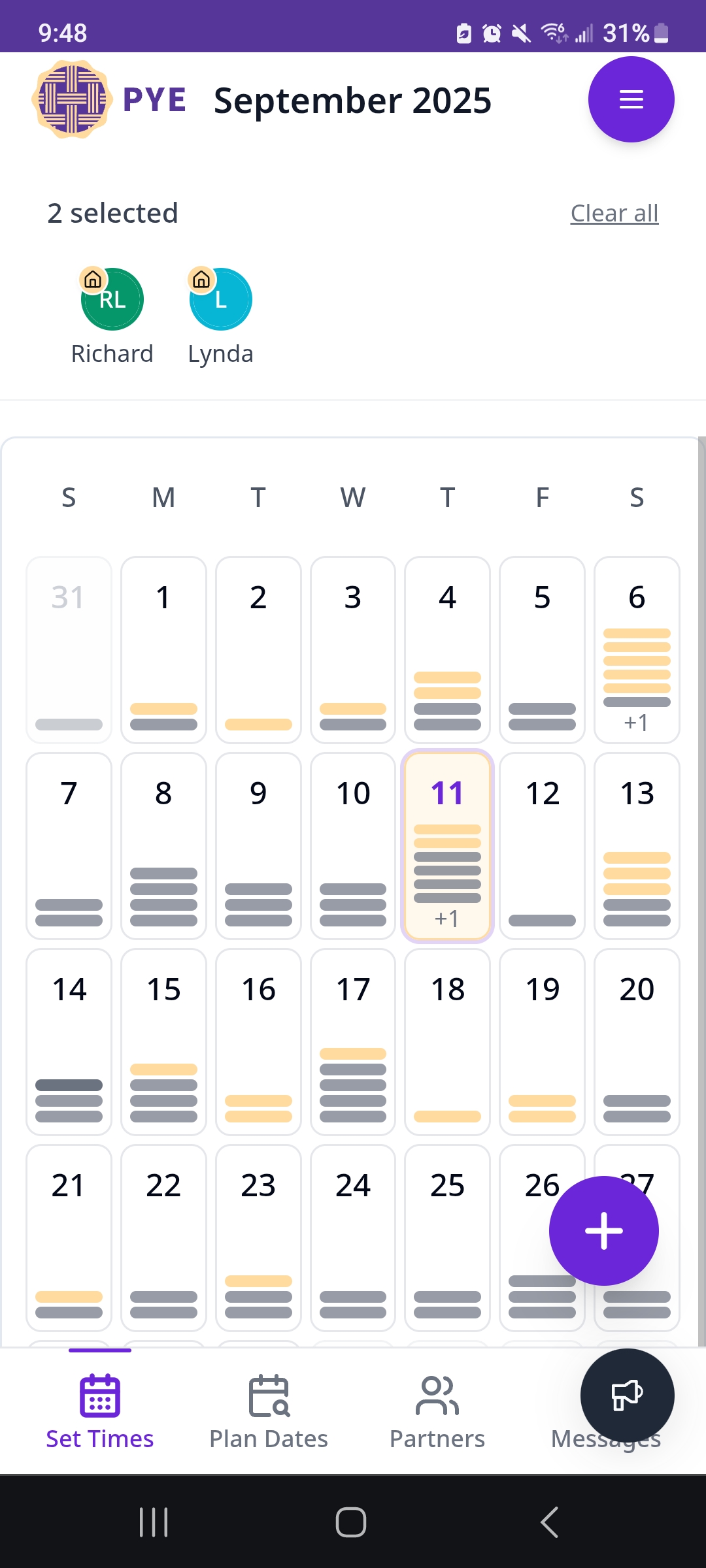 PYE Calendar Interface - September 2025 showing user selection and availability bars